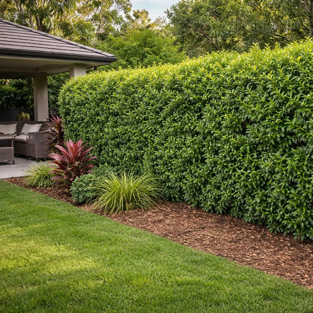 Sweet Viburnum hedge trimmed for dense privacy screening in a landscaped South East Queensland backyard