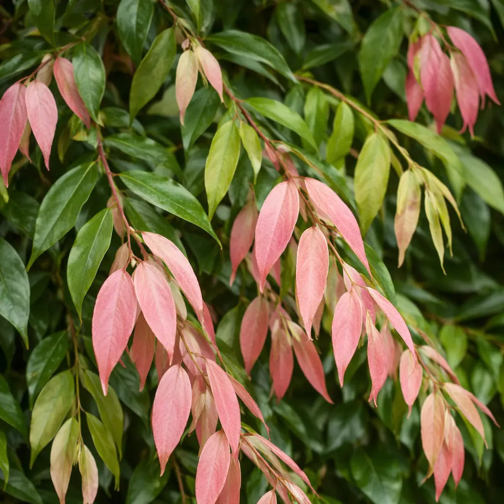 Close-up of Cascade Lilly Pilly foliage showing red new growth and glossy green leaves ideal for dense privacy hedging in South East Queensland